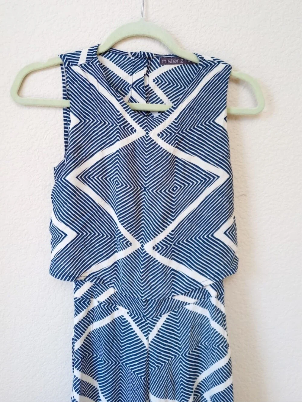 Mister Zimi blue and white geometric pattern pop-over wide-leg jumpsuit